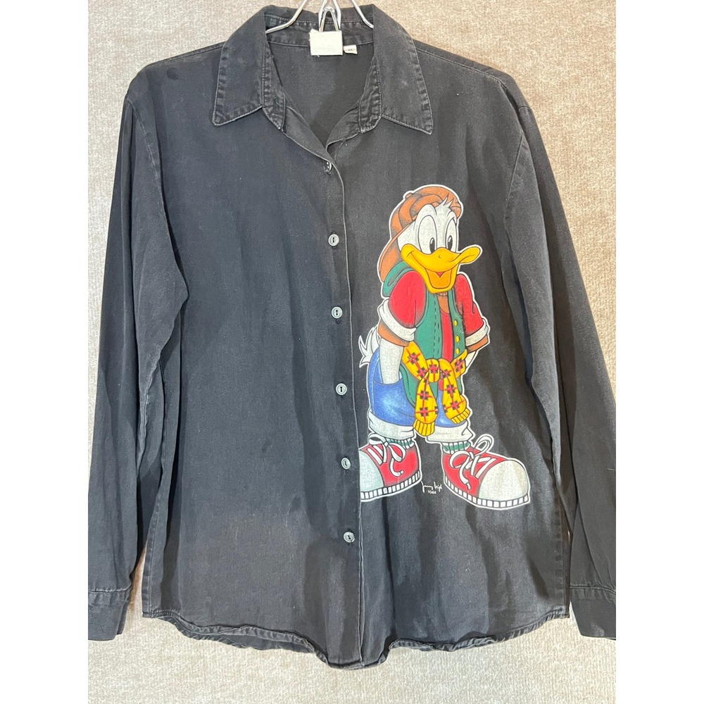 Vintage 90s Disney Donald Duck Shirt Women M Mickey Unlimited Black Denim Button